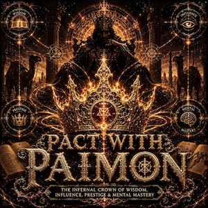Puede incluir: Una ilustración digital con una figura central que lleva una corona, rodeada de luz dorada y patrones geométricos. El texto dice PACT WITH PAIMON y THE INFERNAL CROWN OF WISDOM, INFLUENCE, PRESTIGE & MENTAL MASTERY, junto a iconos de libro, ojo y cerebro.