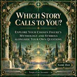 May include: A digital graphic featuring an arched stone entrance with white flowers and green leaves. Text reads: WHICH STORY CALLS TO YOU? EXPLORE YOUR CHOSEN FIGURE'S MYTHOLOGY AND SYMBOLS ALONGSIDE YOUR OWN QUESTIONS. SAME DAY. TEMPLE OF THE ASCENDED.