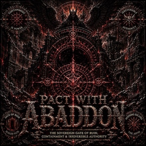 Könnte beinhalten: Eine dunkle Grafik im Gothic-Stil mit dem Text PACT WITH ABADDON in metallischer, verwitterter Schrift. Der Hintergrund zeigt ein komplexes, rot leuchtendes kreisförmiges Siegel, Ketten und Steinruinen. Der Text umfasst CONTAINMENT IS POWER, IRREVERSIBLE AUTHORITY, GATE OF RUIN, SEALED FATE, NOTHING ESCAPES und THE ABYSS.