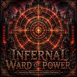Pode incluir: Uma impressão gráfica quadrada apresentando um selo geométrico circular laranja brilhante centralizado sobre um castelo gótico escuro. O texto INFERNAL WARD OF POWER é exibido em letras metálicas grandes, com ADVANCED PROTECTION & ENERGY FORTRESS abaixo.