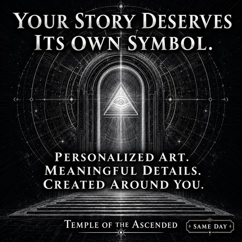 May include: A black and white graphic featuring an arched doorway with an eye inside a triangle. Text reads: YOUR STORY DESERVES ITS OWN SYMBOL. PERSONALIZED ART. MEANINGFUL DETAILS. CREATED AROUND YOU. TEMPLE OF THE ASCENDED. SAME DAY.