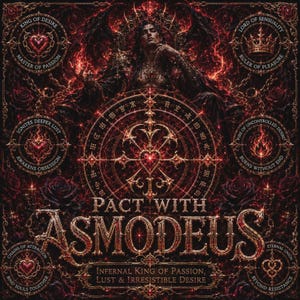 May include: A dark, ornate graphic featuring a central figure surrounded by six circular emblems with text including King of Desire, Lord of Sensuality, and PACT WITH ASMODEUS. The design uses deep red and gold tones with roses and chains.
