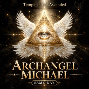 May include: A golden triangle containing an eye, surrounded by white feathered wings against a black background. Text reads Temple of the Ascended, ARCHANGEL MICHAEL, and SAME DAY in gold lettering with glowing light effects and starbursts.