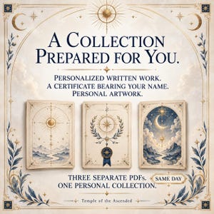 May include: A collection of three digital documents featuring celestial and landscape illustrations. Text reads: A COLLECTION PREPARED FOR YOU. PERSONALISED WRITTEN WORK. A CERTIFICATE BEARING YOUR NAME. PERSONAL ARTWORK. THREE SEPARATE PDFS. ONE PERSONAL COLLECTION. SAME DAY. Temple of the Ascended.