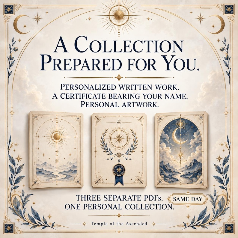 May include: A collection of three digital documents featuring celestial and landscape illustrations. Text reads: A COLLECTION PREPARED FOR YOU. PERSONALISED WRITTEN WORK. A CERTIFICATE BEARING YOUR NAME. PERSONAL ARTWORK. THREE SEPARATE PDFS. ONE PERSONAL COLLECTION. SAME DAY. Temple of the Ascended.