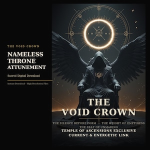 Op de afbeelding: Een digitaal kunstwerk getiteld The Void Crown Nameless Throne Attunement met een figuur in een kap met grote zwarte vleugels zittend op een troon. Boven de figuur bevindt zich een gloeiend cirkelvormig embleem. Tekst bevat The Void Crown.