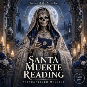 May include: A skeletal figure wearing an ornate cream and navy blue hooded robe with gold embroidery, a crown, and jewellery. The figure holds a dark blue envelope with a wax seal. Text reads: Temple of the Ascended, SANTA MUERTE READING, PERSONALIZED MESSAGE, SAME DAY.