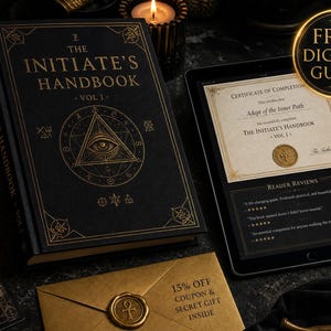 May include: A black hardback book titled The Initiate's Handbook Vol. I with gold foil occult symbols, a tablet displaying a certificate of completion, and a gold envelope with an ankh wax seal and text reading 15% off coupon & secret gift inside.