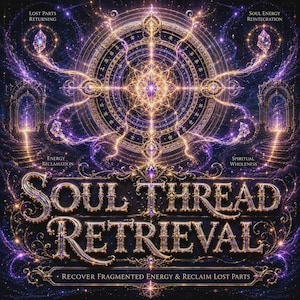Può includere: Un'illustrazione digitale con il testo SOUL THREAD RETRIEVAL, RECOVER FRAGMENTED ENERGY & RECLAIM LOST PARTS, LOST PARTS RETURNING, SOUL ENERGY REINTEGRATION, ENERGY RECLAMATION e SPIRITUAL WHOLENESS su uno sfondo cosmico viola.