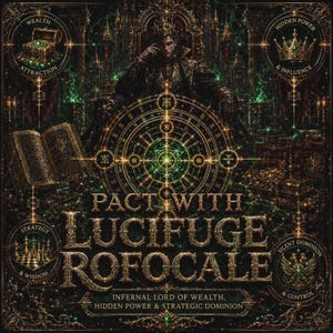 May include: A dark, ornate graphic featuring a central figure on a throne, surrounded by glowing green magical symbols, a treasure chest, a crown, and a chessboard. The text reads PACT WITH LUCIFUGE ROFOCALE, INFERNAL LORD OF WEALTH, HIDDEN POWER & STRATEGIC DOMINION.
