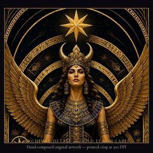 May include: A digital illustration of a winged figure wearing a horned crown and an ornate collar with blue and gold accents. Above the figure is a gold star. The text reads: ARCHIVAL DETAIL GOLD LEAF & LAPIS Hand-composed original artwork &mdash; printed crisp at 300 DPI.