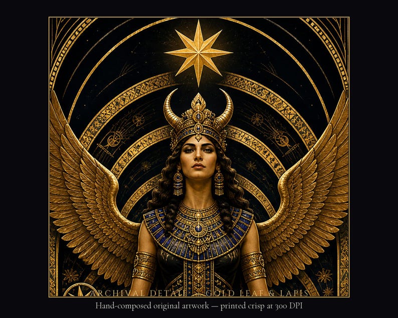May include: A digital illustration of a winged figure wearing a horned crown and an ornate collar with blue and gold accents. Above the figure is a gold star. The text reads: ARCHIVAL DETAIL GOLD LEAF & LAPIS Hand-composed original artwork &mdash; printed crisp at 300 DPI.