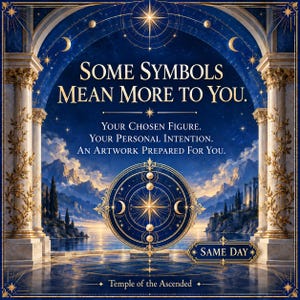 May include: A digital graphic featuring a central circular compass emblem with moon phases, set against a blue mountain landscape framed by marble columns. Text reads: SOME SYMBOLS MEAN MORE TO YOU. YOUR CHOSEN FIGURE. YOUR PERSONAL INTENTION. AN ARTWORK PREPARED FOR YOU. SAME DAY. TEMPLE OF THE ASCENDED.
