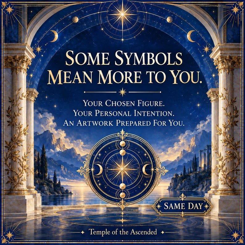 May include: A digital graphic featuring a central circular compass emblem with moon phases, set against a blue mountain landscape framed by marble columns. Text reads: SOME SYMBOLS MEAN MORE TO YOU. YOUR CHOSEN FIGURE. YOUR PERSONAL INTENTION. AN ARTWORK PREPARED FOR YOU. SAME DAY. TEMPLE OF THE ASCENDED.