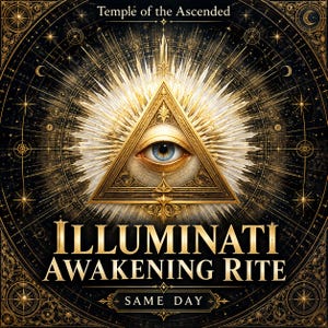May include: A square graphic featuring a central golden triangle with an eye, surrounded by radiating light and celestial patterns. Text reads: Temple of the Ascended, ILLUMINATI AWAKENING RITE, and SAME DAY. The design uses a black and gold color palette.