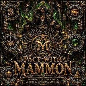 May include: A dark, ornate digital illustration featuring a central figure seated on a throne. The text reads PACT WITH MAMMON, INFERNAL LORD OF WEALTH, LUXURY & MATERIAL DOMINION. Surrounding circular emblems display symbols of wealth, including a dollar sign, a treasure chest, a crown, a gemstone, a golden chalice, and an eye within a triangle.