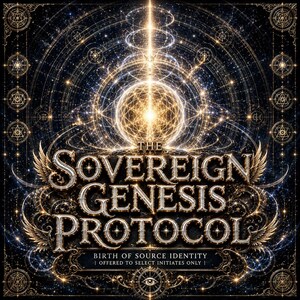 May include: A square graphic design featuring the text THE SOVEREIGN GENESIS PROTOCOL and BIRTH OF SOURCE IDENTITY | OFFERED TO SELECT INITIATES ONLY. The image displays gold metallic lettering, intricate geometric patterns, and glowing light.
