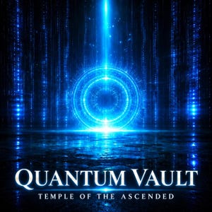 Könnte beinhalten: Eine digitale Grafik mit einem leuchtenden blauen kreisförmigen Portal, das von vertikalen Lichtstreifen umgeben ist. Der Text QUANTUM VAULT steht in weißen Großbuchstaben über dem Text TEMPLE OF THE ASCENDED in kleinerer weißer Schrift.