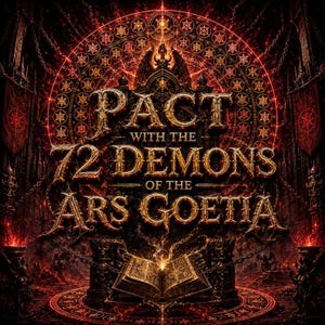 May include: A dark, ornate graphic featuring the gold-colored text PACT WITH THE 72 DEMONS OF THE ARS GOETIA centered above an open, glowing book. The background displays intricate red and black circular patterns, chains, and fiery elements.