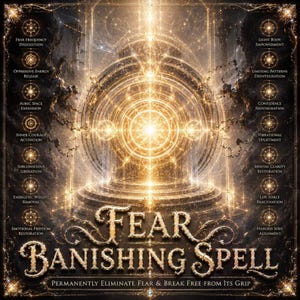 Könnte beinhalten: Eine quadratische Grafik mit einem zentralen, leuchtenden goldenen Portal mit konzentrischen Kreisen. Der Text lautet FEAR BANISHING SPELL, PERMANENTLY ELIMINATE FEAR & BREAK FREE FROM ITS GRIP, umgeben von zwölf kleinen kreisförmigen Symbolen mit Beschriftungen.