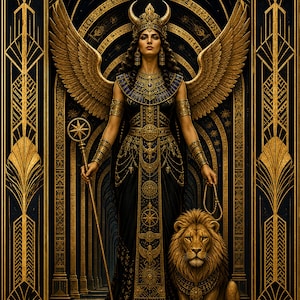 May include: A digital illustration of a winged figure wearing a horned crown and a black and gold gown, holding a star-topped staff. A lion sits at the figure's side. The scene is framed by intricate gold art deco patterns on a dark blue background.