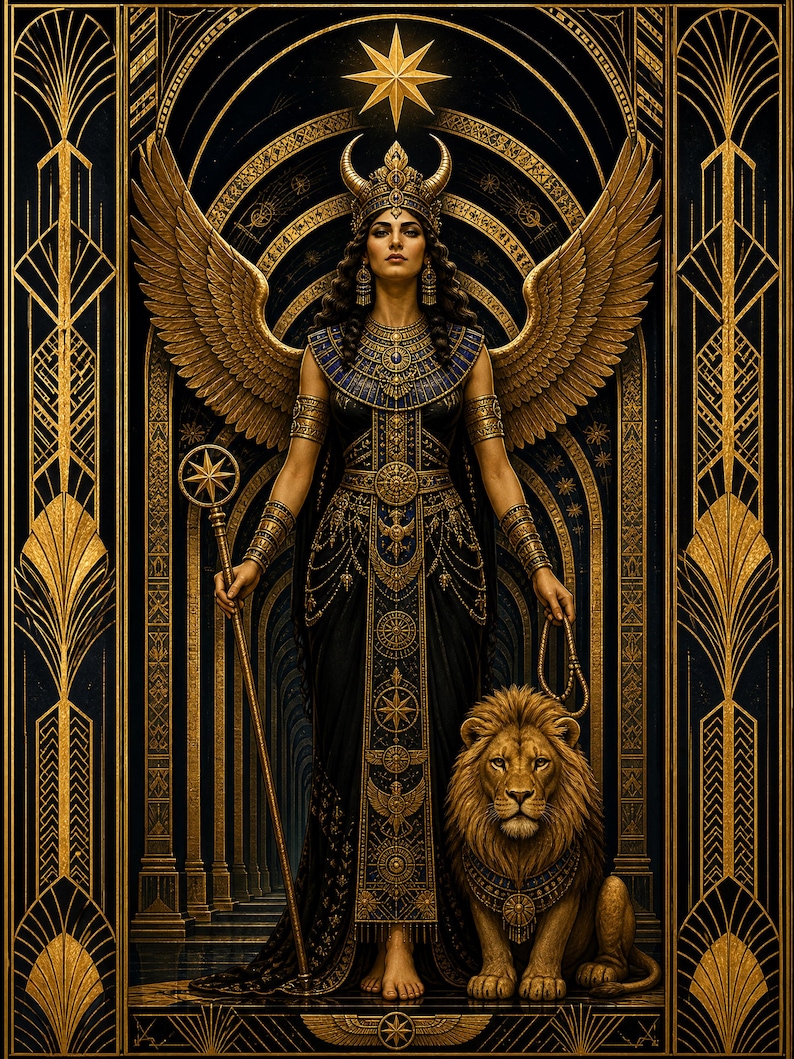May include: A digital illustration of a winged figure wearing a horned crown and a black and gold gown, holding a star-topped staff. A lion sits at the figure's side. The scene is framed by intricate gold art deco patterns on a dark blue background.