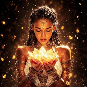 May include: A person with dark wavy hair wearing gold arm cuffs and a forehead ornament, holding a glowing, luminous lotus flower. The scene is filled with golden light particles against a dark background, creating a radiant effect.