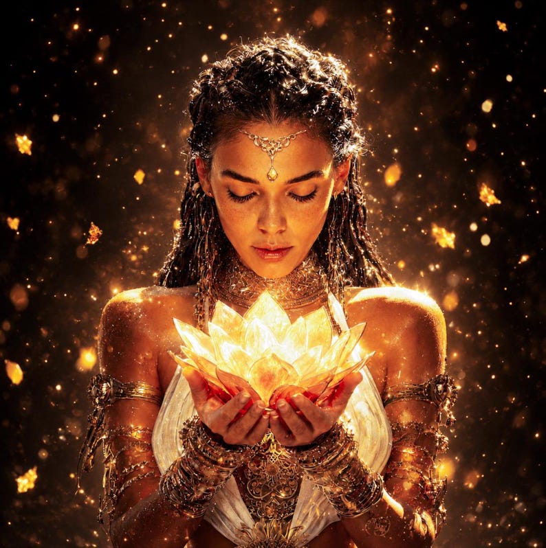 May include: A person with dark wavy hair wearing gold arm cuffs and a forehead ornament, holding a glowing, luminous lotus flower. The scene is filled with golden light particles against a dark background, creating a radiant effect.