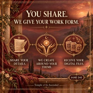 May include: A digital graphic featuring the text YOU SHARE. WE GIVE YOUR WORK FORM. It displays three circular icons: a scroll with a quill, hands holding a glowing orb, and three cards. Below are the phrases SHARE YOUR DETAILS, WE CREATE AROUND YOUR THEME, RECEIVE YOUR DIGITAL FILES, and SAME DAY.