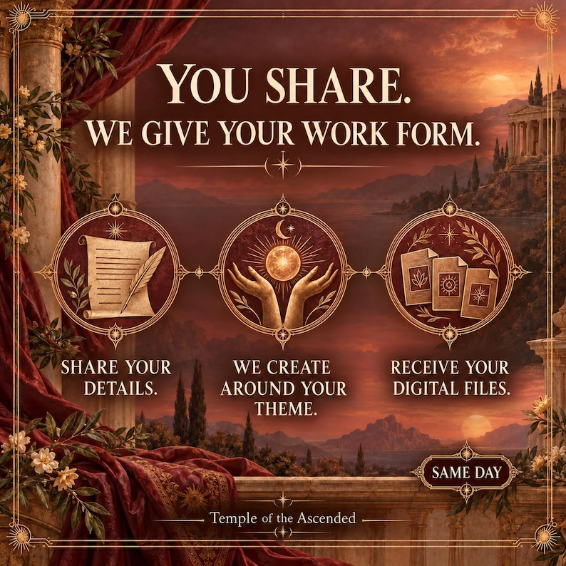 May include: A digital graphic featuring the text YOU SHARE. WE GIVE YOUR WORK FORM. It displays three circular icons: a scroll with a quill, hands holding a glowing orb, and three cards. Below are the phrases SHARE YOUR DETAILS, WE CREATE AROUND YOUR THEME, RECEIVE YOUR DIGITAL FILES, and SAME DAY.
