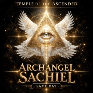 May include: A gold-toned triangle containing an eye, flanked by white feathered wings against a black starry background. Text reads: TEMPLE OF THE ASCENDED, ARCHANGEL SACHIEL, SAME DAY. The design features intricate metallic patterns and light rays.