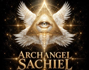 May include: A gold-toned triangle containing an eye, flanked by white feathered wings against a black starry background. Text reads: TEMPLE OF THE ASCENDED, ARCHANGEL SACHIEL, SAME DAY. The design features intricate metallic patterns and light rays.