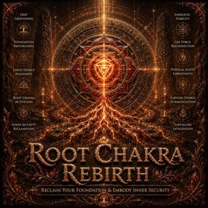 Puede incluir: Una obra de arte digital titulada Root Chakra Rebirth que presenta un mandala naranja brillante con estructuras similares a raíces. El texto incluye Deep Grounding, Foundation Restoration, Earth Energy Alignment, Root Chakra Activation, Inner Security Reclamation, Energetic Stability, Life Force Reconnection, Physical Safety Embodiment, Survival Energy Harmonization, Earthcore Integration y Reclaim Your Foundation & Embody Inner Security.