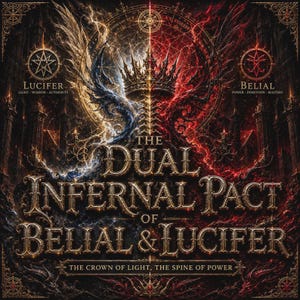 May include: A dark, ornate graphic featuring a central crown above a spine, flanked by blue and red energy. Text reads: THE DUAL INFERNAL PACT OF BELIAL & LUCIFER, THE CROWN OF LIGHT, THE SPINE OF POWER, LUCIFER LIGHT WISDOM AUTHORITY, and BELIAL POWER DOMINION MASTERY.