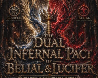 Puede incluir: Un gráfico oscuro y ornamentado con una corona central sobre una columna vertebral, flanqueado por energía azul y roja. El texto dice: THE DUAL INFERNAL PACT OF BELIAL & LUCIFER, THE CROWN OF LIGHT, THE SPINE OF POWER, LUCIFER LIGHT WISDOM AUTHORITY y BELIAL POWER DOMINION MASTERY.