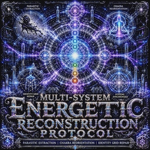 Może przedstawiać: Ciemnoniebiesko-fioletowy nadruk graficzny zatytułowany Multi-System Energetic Reconstruction Protocol. Zawiera skomplikowane wzory geometryczne, świecące kule światła oraz cztery okrągłe diagramy z etykietami Parasitic Extraction, Chakra Reorientation, Identity Grid Repair i Systems Synchronized.