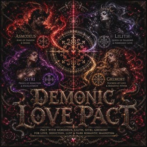 Könnte beinhalten: Ein Dark-Fantasy-Kunstdruck mit dem Titel DEMONIC LOVE PACT, der vier Figuren zeigt: Asmodeus, Lilith, Sitri und Gremory. Die Komposition umfasst komplexe goldene Siegel, leuchtende rote und violette Energie, Ketten und Rosen auf schwarzem Grund.