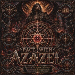May include: A dark, intricate digital illustration featuring a central figure with wings, surrounded by glowing chains and geometric symbols. The text reads PACT WITH AZAZEL, FALLEN WATCHER OF POWER, FORBIDDEN KNOWLEDGE & ABSOLUTE SELF-MASTERY, with smaller circular inscriptions.