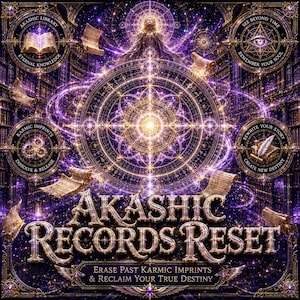 May include: A digital illustration featuring the text AKASHIC RECORDS RESET, ERASE PAST KARMIC IMPRINTS & RECLAIM YOUR TRUE DESTINY. The design includes a central glowing mandala, floating scrolls, and four circular emblems with symbols and text.
