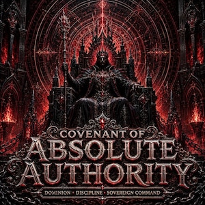 Puede incluir: Una ilustración de fantasía oscura con una figura coronada sentada en un trono, sosteniendo un báculo. El texto dice COVENANT OF ABSOLUTE AUTHORITY, con DOMINION, DISCIPLINE, SOVEREIGN COMMAND debajo. La escena está dominada por tonos rojos y negros.