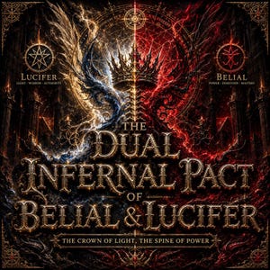 Könnte beinhalten: Ein dunkles, verziertes Grafikdesign mit einer zentralen Krone auf einer wirbelsäulenartigen Struktur. Die linke Seite ist gold-blau mit 'LUCIFER LIGHT WISDOM AUTHORITY', die rechte rot mit 'BELIAL POWER DOMINION MASTERY'. Der Text lautet 'THE DUAL INFERNAL PACT OF BELIAL & LUCIFER THE CROWN OF LIGHT, THE SPINE OF POWER'.