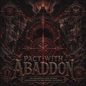 Op de afbeelding: Een donkere, gothic-stijl digitale illustratie met de tekst PACT WITH ABADDON. Het ontwerp bevat ingewikkelde rood oplichtende geometrische patronen, kettingen en ruïnes. Cirkelvormige emblemen bevatten de zinnen CONTAINMENT IS POWER, IRREVERSIBLE AUTHORITY, GATE OF RUIN SEALED FATE en NOTHING ESCAPES THE ABYSS.