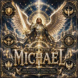 May include: A digital illustration featuring a central armored figure with large wings holding a glowing sword. The text reads PACT WITH MICHAEL, ARCHANGEL OF PROTECTION, DIVINE AUTHORITY & ETERNAL VICTORY. Six circular emblems surround the figure with various symbols and text including DIVINE PROTECTION, SACRED WARRIOR, HEAVENLY AUTHORITY, HOLY INTERVENTION, CELESTIAL VICTORY, and ETERNAL GUARDIAN.