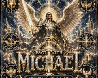 Puede incluir: Una ilustración digital que presenta una figura central con armadura y grandes alas sosteniendo una espada brillante. El texto dice PACT WITH MICHAEL, ARCHANGEL OF PROTECTION, DIVINE AUTHORITY & ETERNAL VICTORY. Seis emblemas circulares rodean la figura con varios símbolos y textos, incluyendo DIVINE PROTECTION, SACRED WARRIOR, HEAVENLY AUTHORITY, HOLY INTERVENTION, CELESTIAL VICTORY y ETERNAL GUARDIAN.