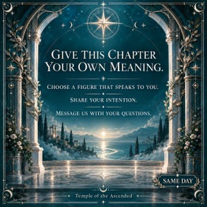 May include: A dark teal graphic featuring an arched stone gateway with gold leaf accents, overlooking a sea at sunset. Text reads: GIVE THIS CHAPTER YOUR OWN MEANING. CHOOSE A FIGURE THAT SPEAKS TO YOU. SHARE YOUR INTENTION. MESSAGE US WITH YOUR QUESTIONS. SAME DAY. Temple of the Ascended.