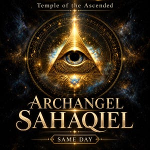 May include: A graphic design featuring a central golden triangle containing an eye, surrounded by circular patterns and cosmic light. The text reads Temple of the Ascended, ARCHANGEL SAHAQIEL, and SAME DAY in gold lettering against a dark, starry background.