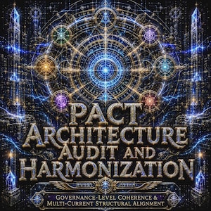 May include: A digital graphic featuring the text PACT ARCHITECTURE AUDIT AND HARMONIZATION and GOVERNANCE-LEVEL COHERENCE & MULTI-CURRENT STRUCTURAL ALIGNMENT. The design includes intricate blue and gold geometric patterns, glowing orbs, and towers.