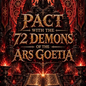 May include: A dark fantasy book cover featuring the text PACT WITH THE 72 DEMONS OF THE ARS GOETIA in gold lettering. The image displays a horned demonic figure, an open grimoire with occult symbols, glowing red flames, and heavy iron chains.
