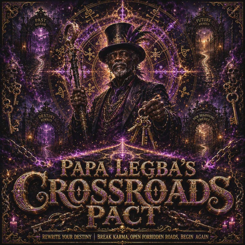 May include: A digital illustration featuring a figure in a top hat holding a staff and keys, surrounded by purple glowing arches and chains. Text reads: PAPA LEGBA'S CROSSROADS PACT, PAST RELEASE, FUTURE AWAKEN, DESTINY REWRITE, NEW BEGINNING EMERGE, REWRITE YOUR DESTINY | BREAK KARMA, OPEN FORBIDDEN ROADS, BEGIN AGAIN.