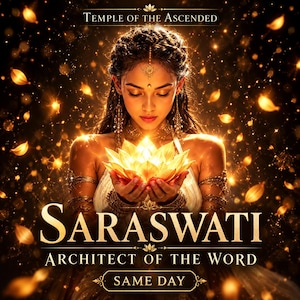 May include: A digital illustration featuring a figure holding a glowing lotus flower. Text reads: TEMPLE OF THE ASCENDED, SARASWATI, ARCHITECT OF THE WORD, SAME DAY. The scene is filled with golden light particles and warm, radiant tones.